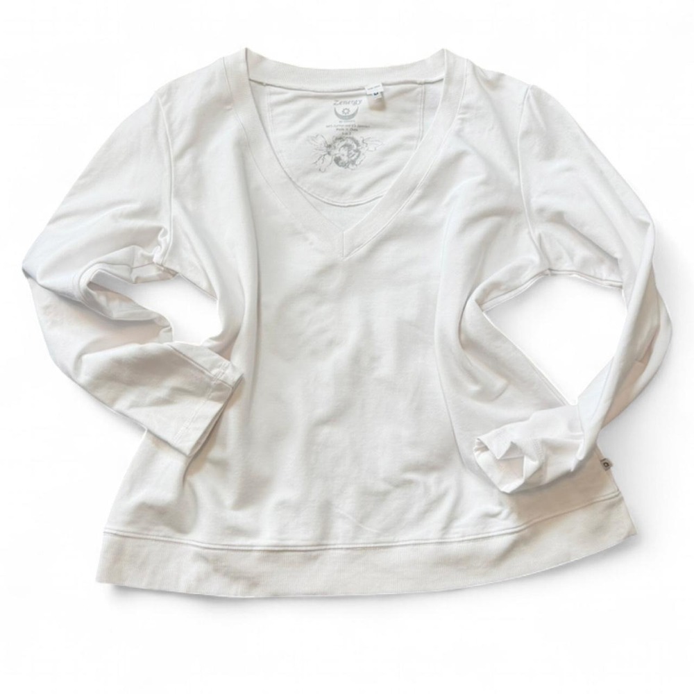 Zenergy by Chico's White Long Sleeve V Neck Sweatshirt, Women's Size XL